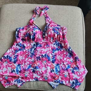 NEW Swimsuits For All Pink and Blue Halter Tie Front Swim Top. Size 22